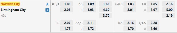 Ty le keo Norwich vs Birmingham