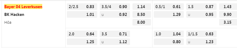 Tỷ lệ kèo Leverkusen vs Hacken