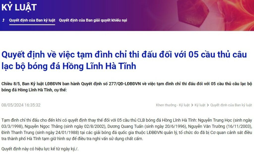 VFF đình chỉ thi đấu đối với 05 cầu thủ Hà Tĩnh