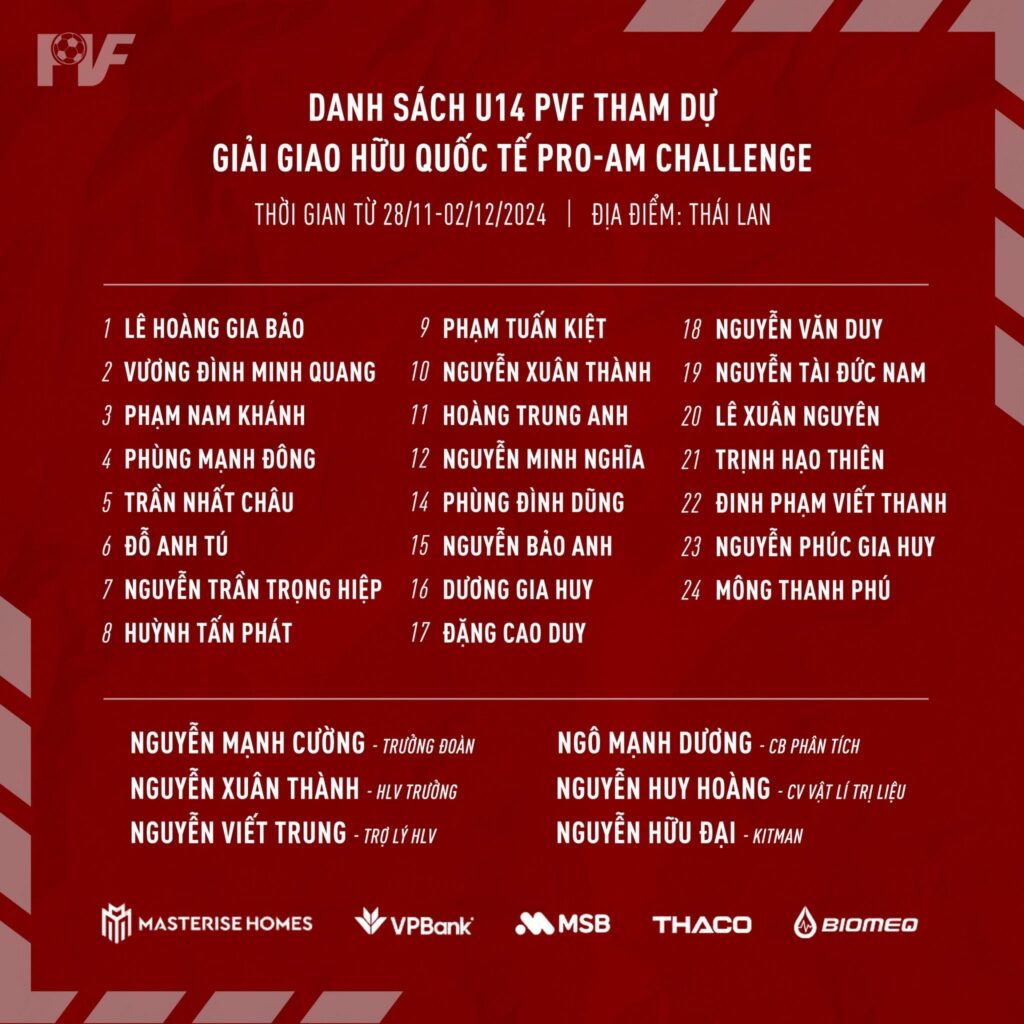 Danh sách 24 cầu thủ U14 PVF được chọn sang Thái Lan tham dự giải giao hữu Pro-Am Challenge 