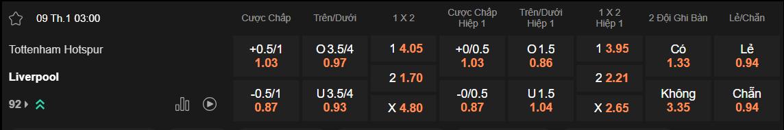 Tỷ lệ kèo Tottenham vs Liverpool